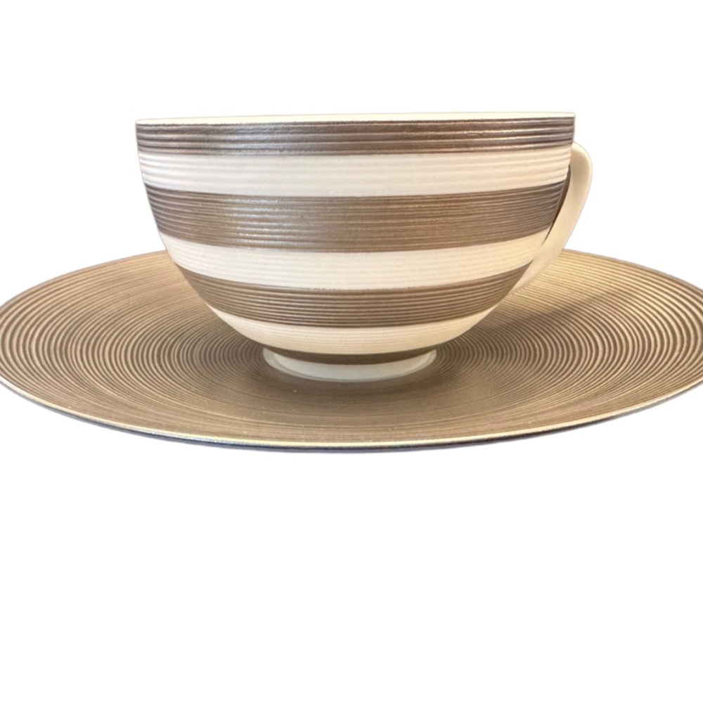 JL Coquet Limoges Porcelain Hemisphere Striped Platinum Tea Cup With Saucer